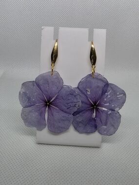 Purple Floral Resin Drop Earrings - Gold Hooks